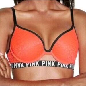 Victorias Secret VS PINK Push Up Bra Neon Orange Leopard Logo Spellout Size 34C